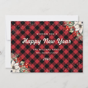 Rustic Red Plaid Snowflake Botanical New Year Card