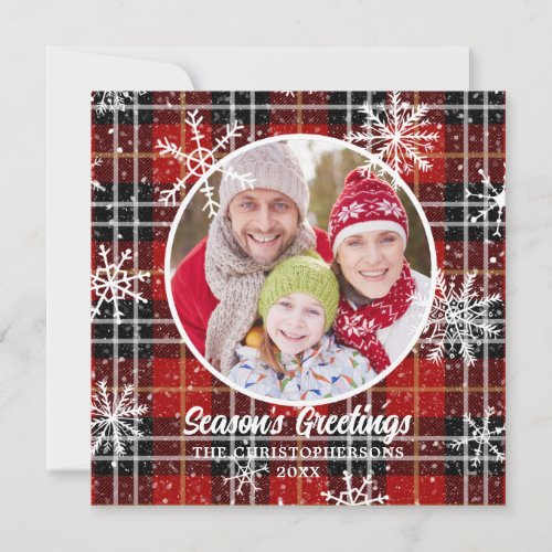 Rustic Red Plaid Snowflakes Custom Greeting Holiday Card