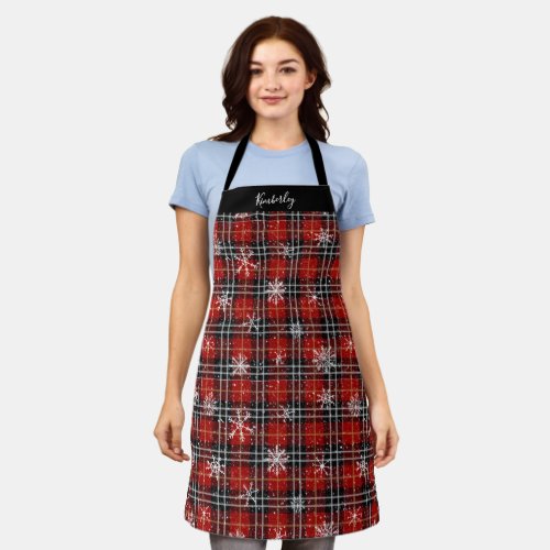 Rustic Red Plaid Snowflakes Personalized Apron
