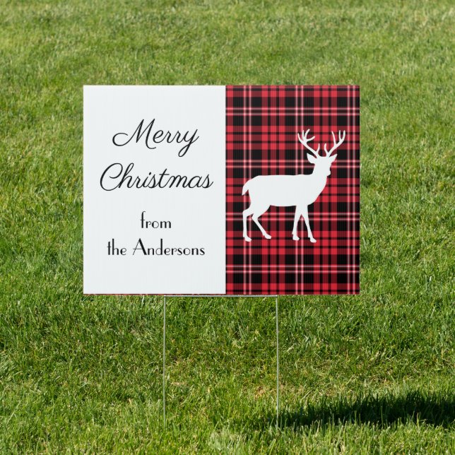 Rustic Red Plaid Stag Merry Christmas Sign (Insitu)