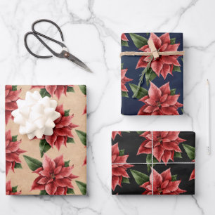 Rustic Red Poinsettia Floral Pattern Christmas Wrapping Paper Sheets