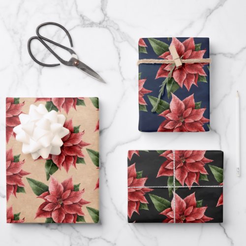Rustic Red Poinsettia Floral Pattern Christmas Wrapping Paper Sheets