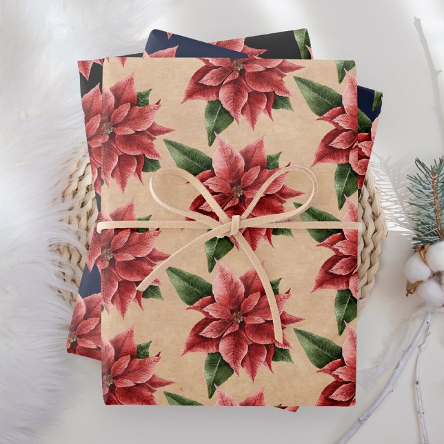 Rustic Red Poinsettia Floral Pattern Christmas Wrapping Paper Sheets (Creator Uploaded)