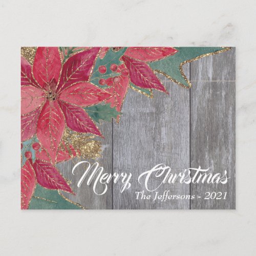 Rustic Red Poinsettia Gold Sparks Merry Christmas Postcard