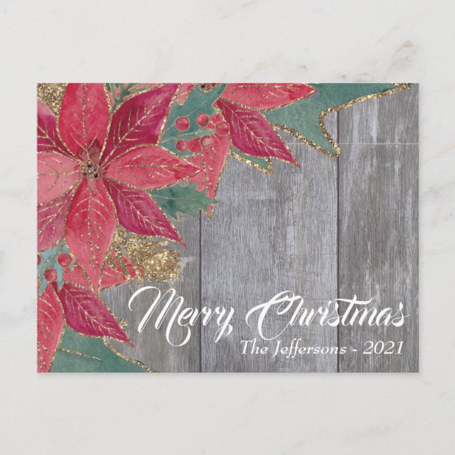Rustic Red Poinsettia Gold Sparks Merry Christmas Postcard (Front)