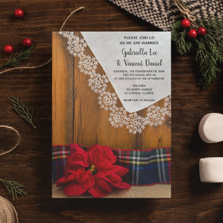 Rustic Red Poinsettia Plaid Winter Barn Wedding Invitation