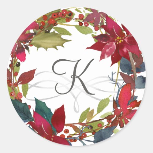 Rustic Red Poinsettia Watercolor Floral Initial Classic Round Sticker