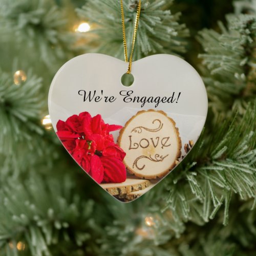 Rustic Red Poinsettia Winter Engagement Ceramic Ornament