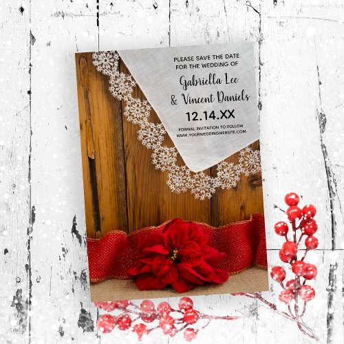 Rustic Red Poinsettia Winter Wedding Save the Date Invitation