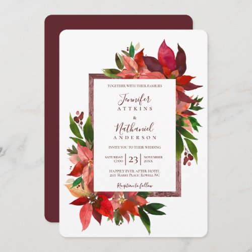 Rustic Red Poinsettia Wood Floral Holiday Wedding Invitation