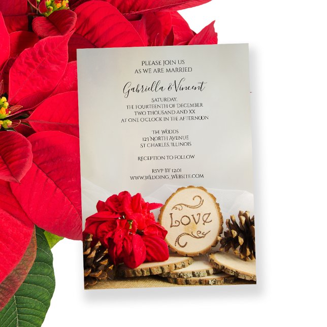 Rustic Red Poinsettia Woodland Winter Wedding Invitation (Creator Uploaded)