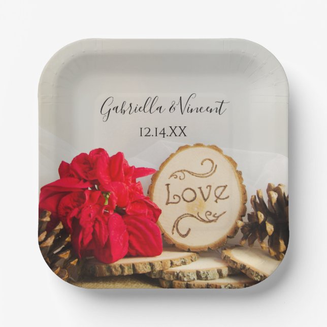 Rustic Red Poinsettia Woodland Winter Wedding Paper Plates (Front)