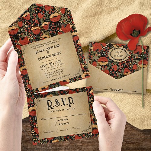 Rustic Red Poppies Wood All in One Wedding Invite