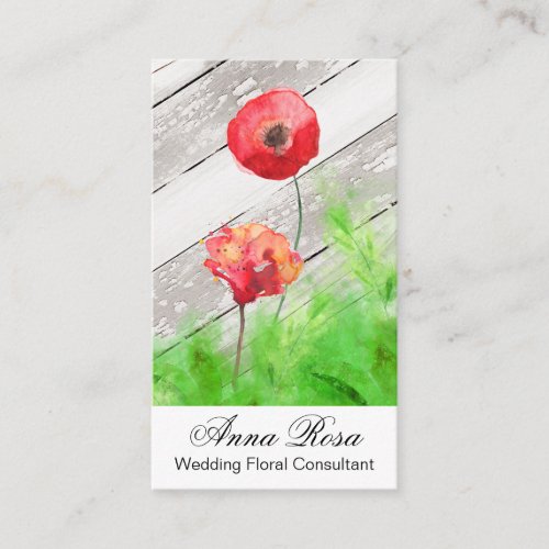  Rustic Red Poppy Flowers Vintage Wood Business Card