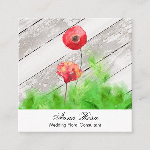  Rustic Red Poppy Flowers Vintage Wood Chic Square Business Card