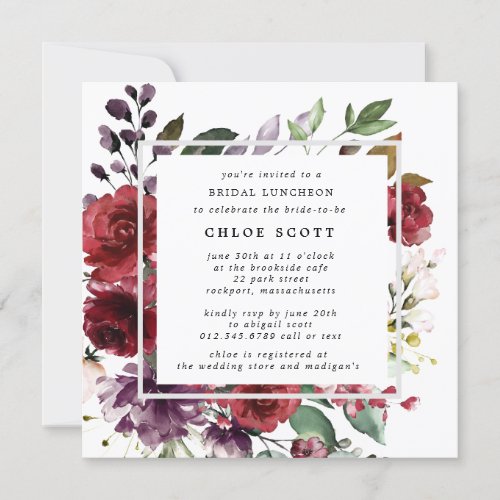 Rustic Red Purple Rose Floral Bridal Luncheon Invitation