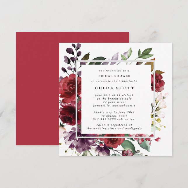 Rustic Red Purple Rose Floral Bridal Shower Invitation (Front/Back)