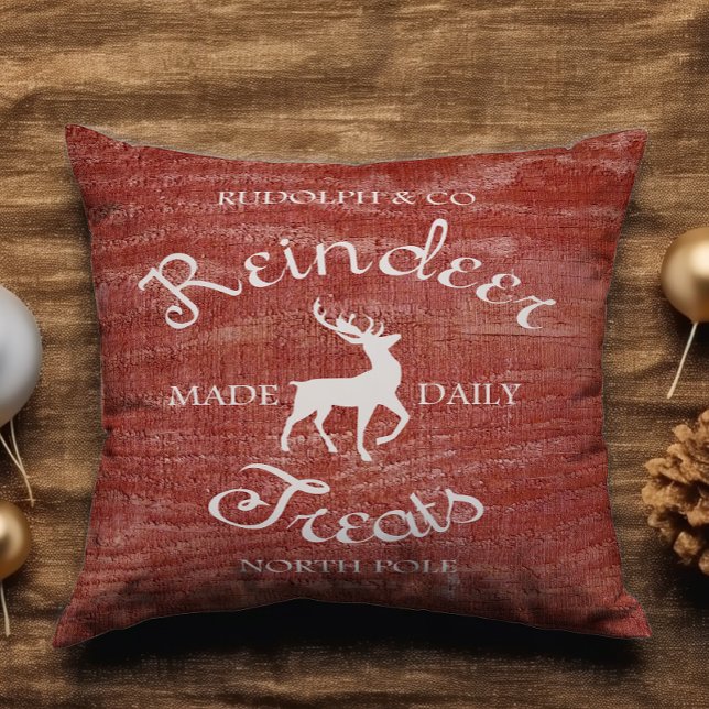 Rustic Red Reindeer Treat Add Name Christmas Throw Pillow (Creator Uploaded)