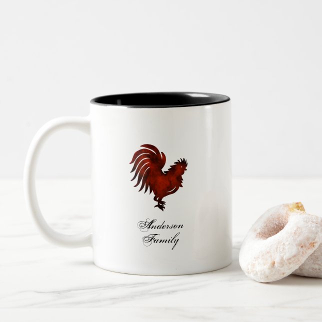 Rustic red rooster family name personalized  Two-Tone coffee mug (With Donut)