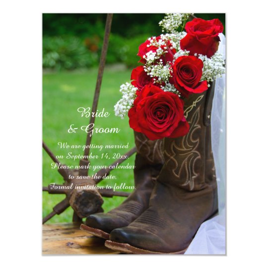 Rustic Red Rose Cowboy Boots Wedding Save The Date Magnetic
