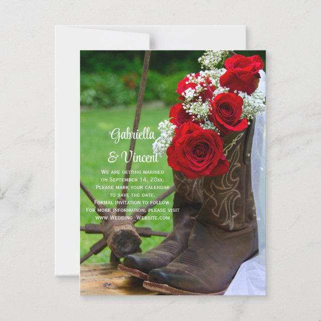 Rustic Red Rose Cowboy Boots Wedding Save the Date Magnetic Invitation (Front)