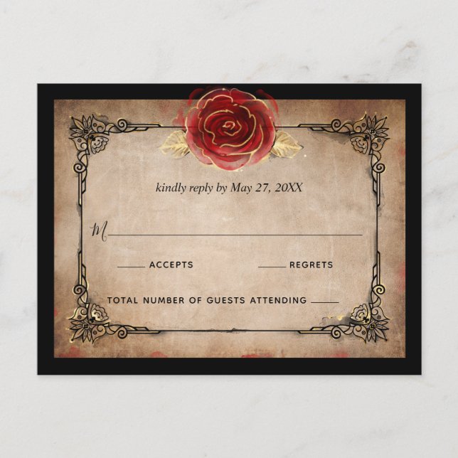 Rustic Red Rose Gold Black Elegant Wedding RSVP Postcard (Front)