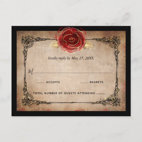 Rustic Red Rose Gold Black Elegant Wedding RSVP Postcard
