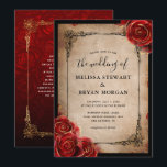 Rustic Red Rose Gold Black Vintage Elegant Wedding Invitation<br><div class="desc">Create your own diy vintage wedding invitations on a unique, gorgeous template. The design illustrated by Raphaela Wilson depicts dark burgundy red roses accented with gold and black ink over an antique, aged paper parchment. On the back side is depicted a watercolor rose pattern atop an ombre fade from dark...</div>