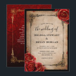 Rustic Red Rose Gold Black Vintage Elegant Wedding Invitation<br><div class="desc">Create your own diy vintage wedding invitations on a unique, gorgeous template. The design illustrated by Raphaela Wilson depicts dark burgundy red roses accented with gold and black ink over an antique, aged paper parchment. On the back side is depicted a watercolor rose pattern atop an ombre fade from dark...</div>