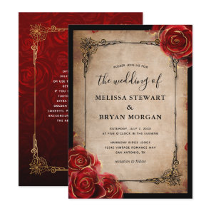 Rustic Red Rose Gold Black Vintage Elegant Wedding Invitation