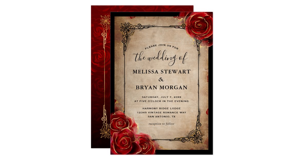 Rustic Red Rose Gold Black Vintage Elegant Wedding Invitation