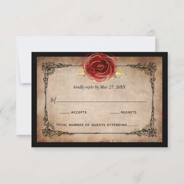 Rustic Red Rose Gold Black Vintage Elegant Wedding RSVP Card (Front)