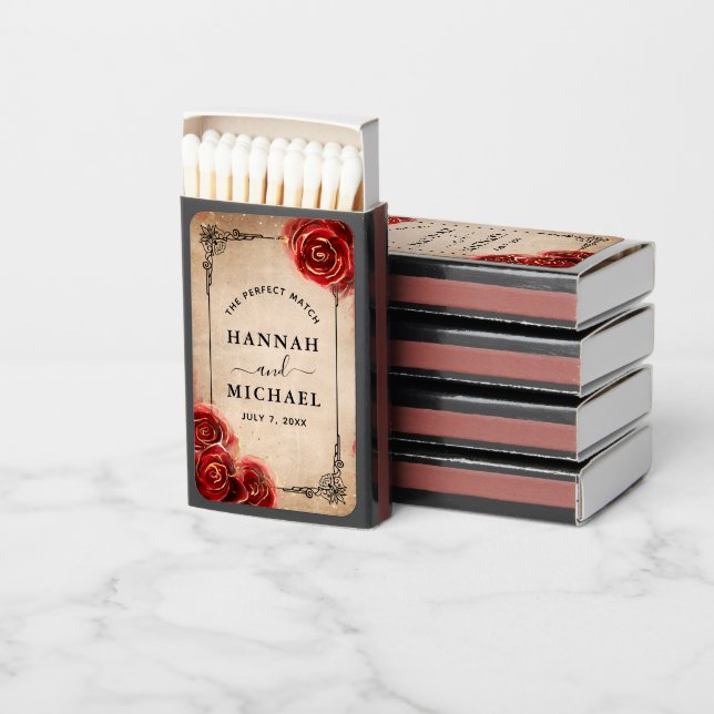 Rustic Red Rose Gold Black Wedding Favor Matchboxes (Stacked)