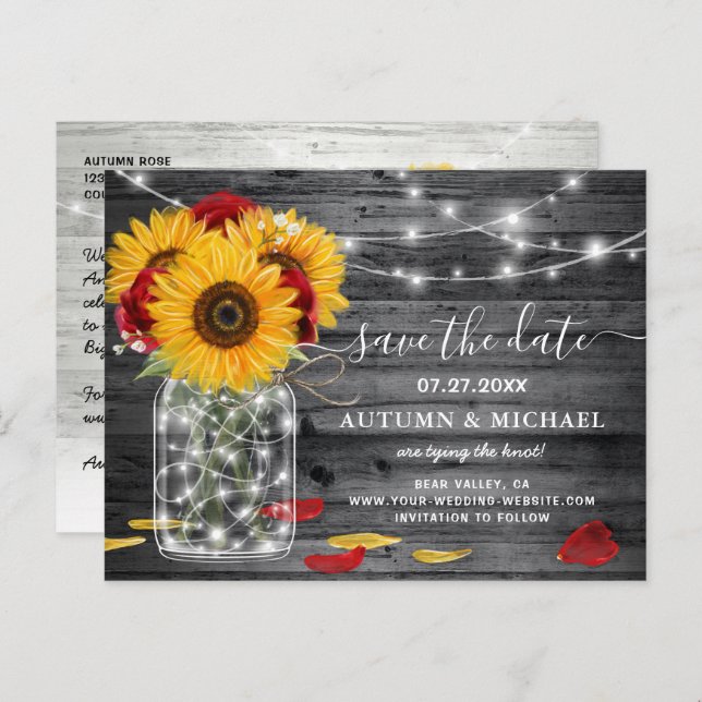 Rustic Red Rose Sunflower Wedding Save the Date Announcement Postcard (Front/Back)
