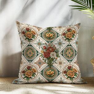 Rustic Red Rose Throw Pillow Antique Tile Accents
