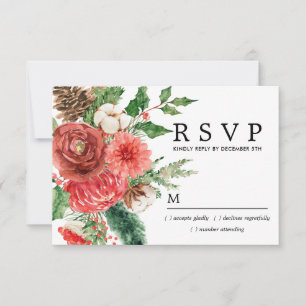 Rustic Red Rose Winter Botanical Wedding RSVP Card