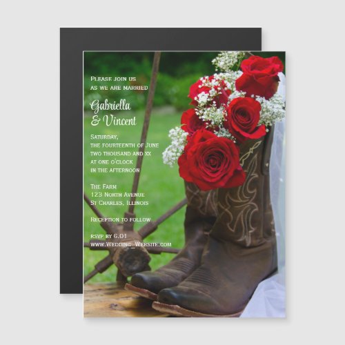 Rustic Red Roses and Cowboy Boots Country Wedding Magnetic Invitation