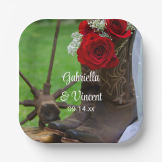 Rustic Red Roses and Cowboy Boots Western Wedding Paper Plates