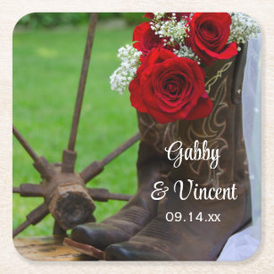 Rustic Red Roses and Cowboy Boots Western Wedding Square Paper Coaster