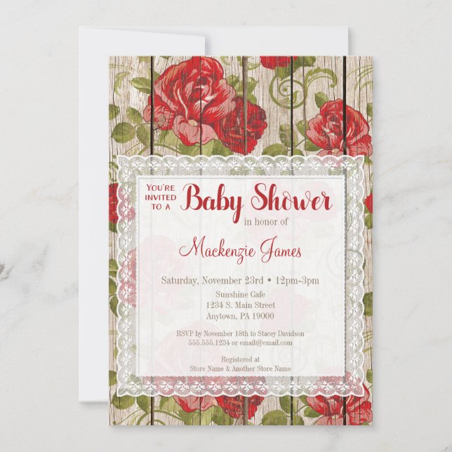 Rustic Red Roses Baby Shower Invitation Lace Wood (Front)