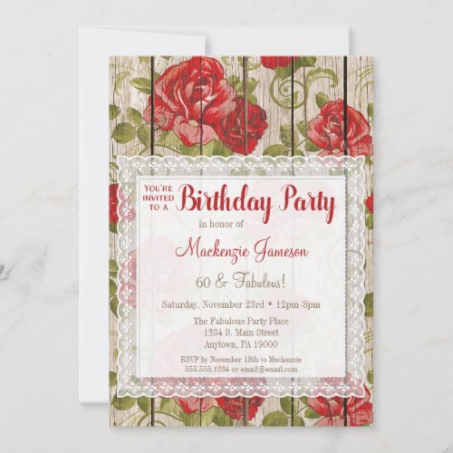 Rustic Red Roses Birthday Invitation Lace Wood