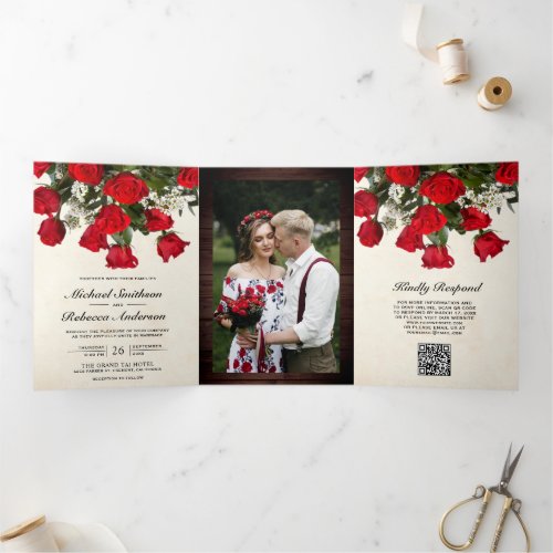 Rustic Red Roses Bouquet Photo QR Code Wedding Tri-Fold Invitation
