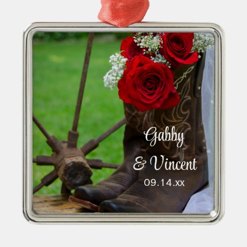 Rustic Red Roses Country Western Wedding Metal Ornament
