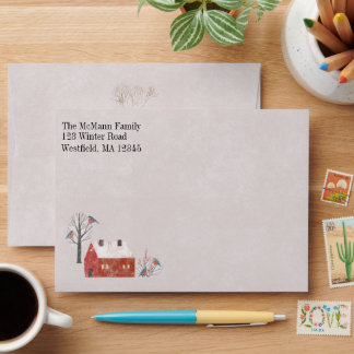 Rustic Red Saltbox Home in Wintery Scene Birds Fox Envelope