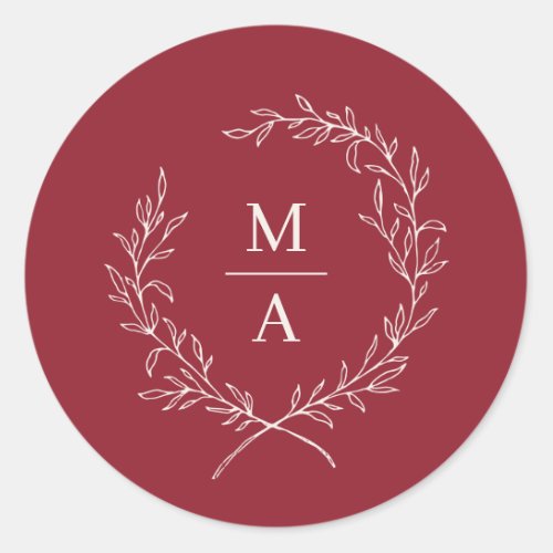 Rustic Red Simple Elegant Laurel Wreath Monogram Classic Round Sticker