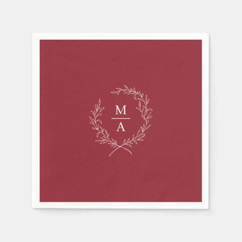 Rustic Red Simple Elegant Laurel Wreath Monogram Napkins