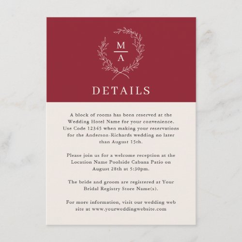 Rustic Red Simple Elegant Monogram Details Enclosure Card