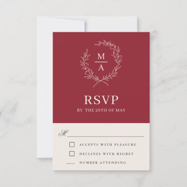 Rustic Red Simple Elegant Monogram RSVP (Front)