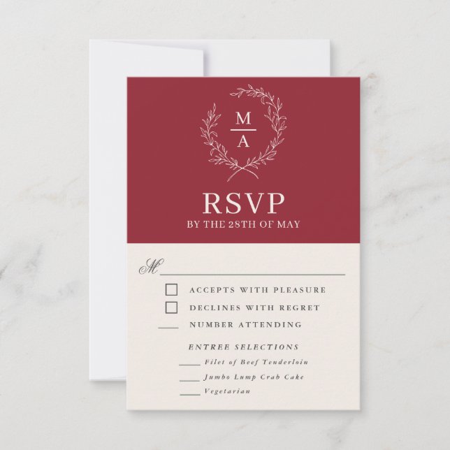 Rustic Red Simple Elegant Monogram RSVP with Meals (Front)