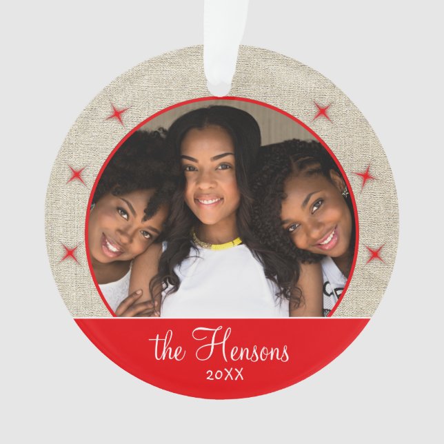 Rustic Red Snowflake Photo Christmas Keepsake Ornament (Front)